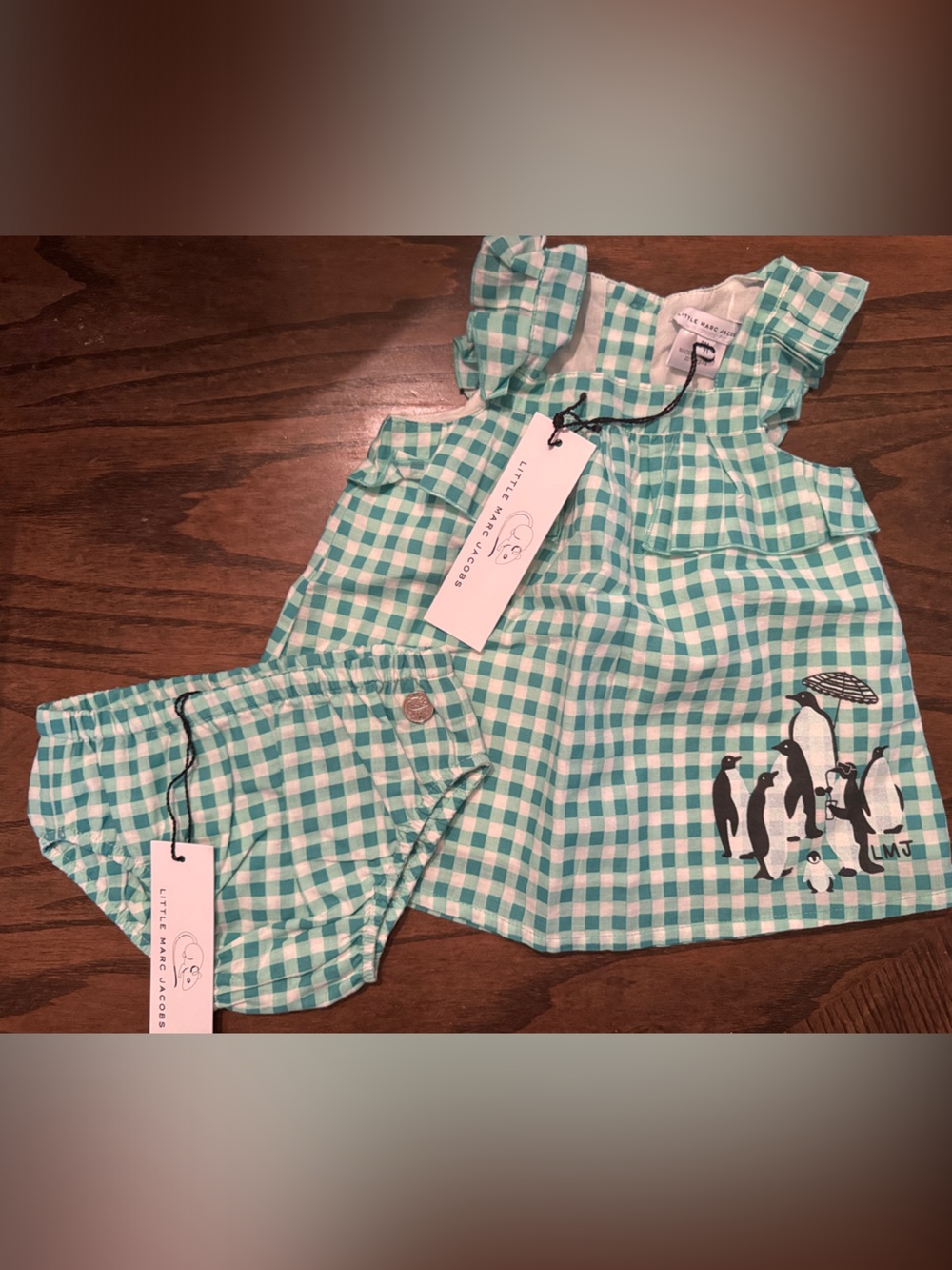 Little Marc Jacobs Teal and White Gingham Bib with Penguin Print